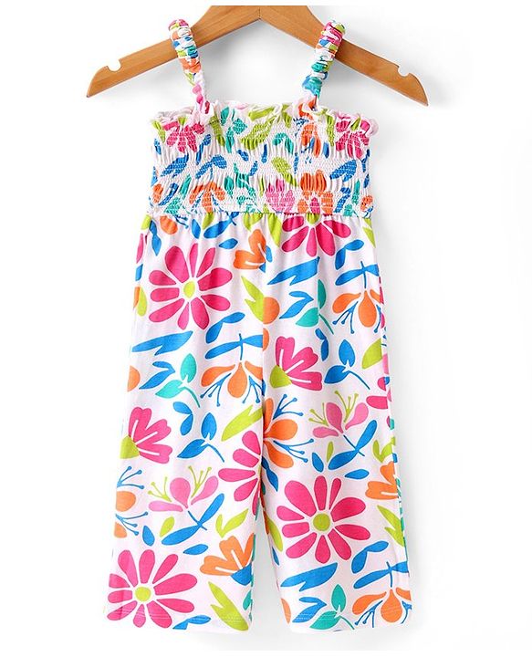 Babyhug Single Jersey Floral Printed Jumpsuit with Full Sleeves Denim Jacket - White & Navy Blue