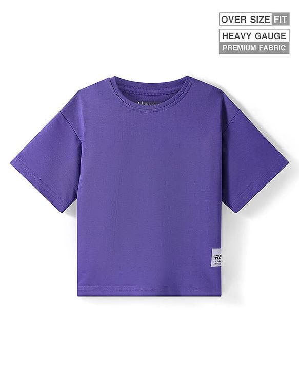 Pine Kids Cotton Knit Half Drop Shoulder Sleeves Oversized T-Shirt With Badge - Purple