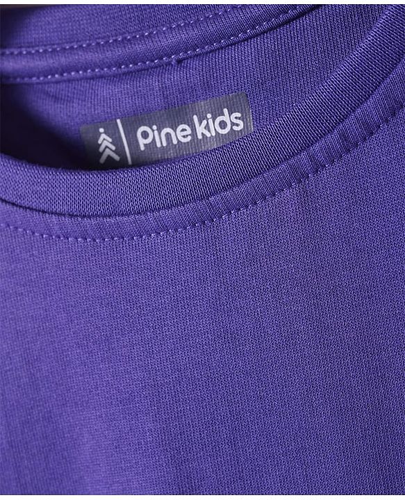 Pine Kids Cotton Knit Half Drop Shoulder Sleeves Oversized T-Shirt With Badge - Purple