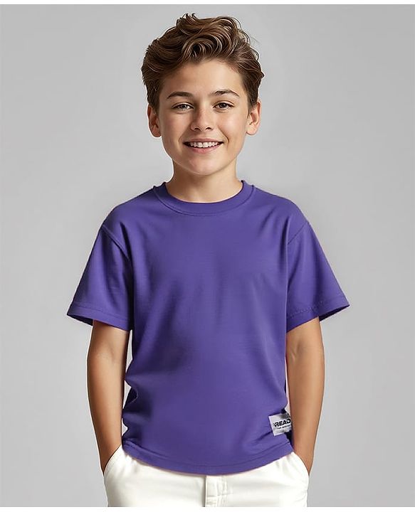 Pine Kids Cotton Knit Half Drop Shoulder Sleeves Oversized T-Shirt With Badge - Purple