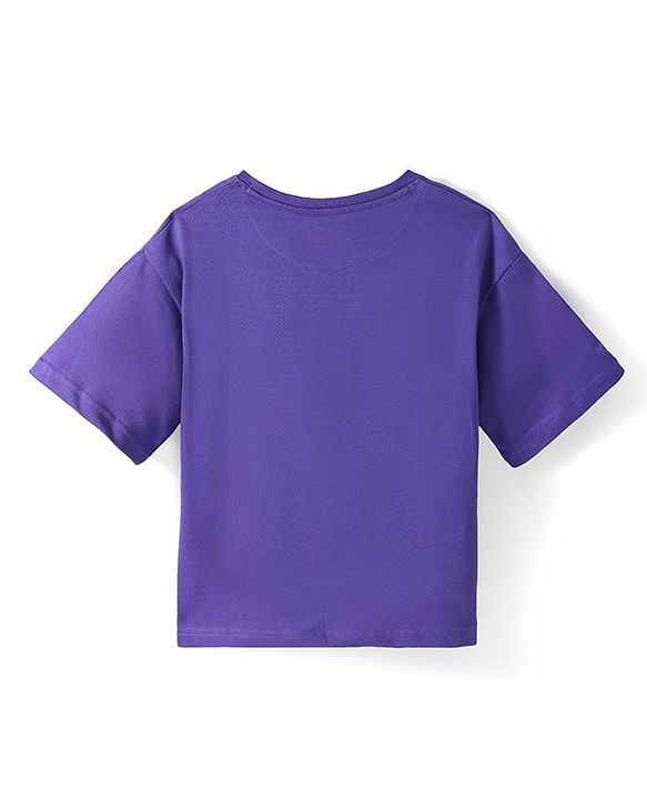Pine Kids Cotton Knit Half Drop Shoulder Sleeves Oversized T-Shirt With Badge - Purple