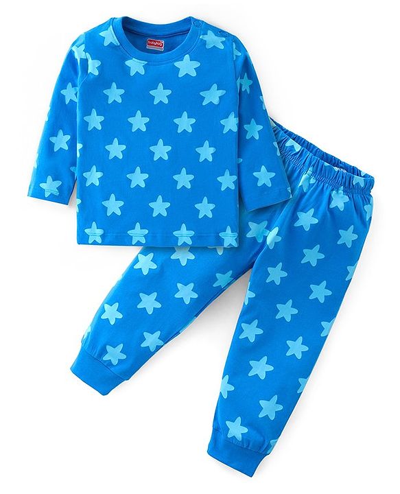 Babyhug Cotton Knit Full Sleeves Night Suit With Stars Print - Blue