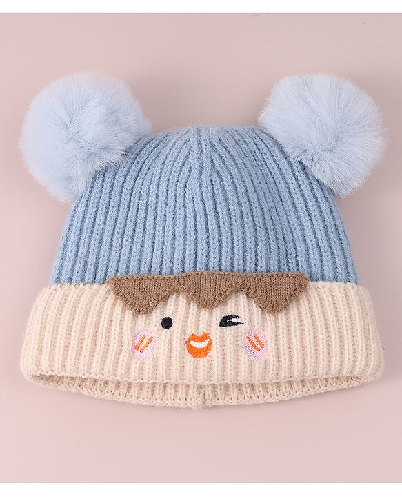 Babyhug Cable Knitted Woollen Cap with Pom Pom - Blue