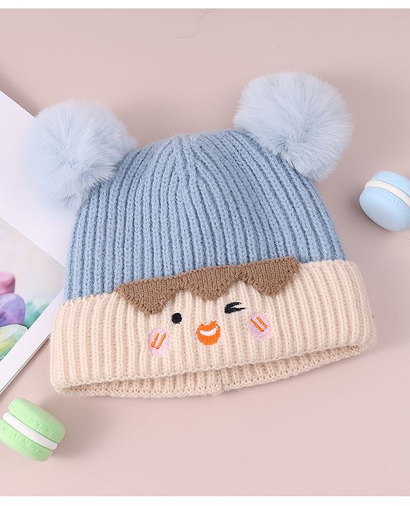 Babyhug Cable Knitted Woollen Cap with Pom Pom - Blue