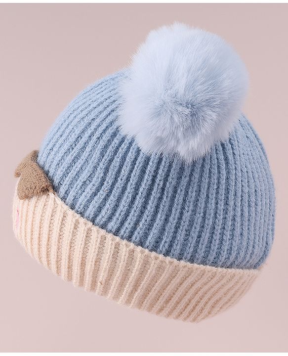 Babyhug Cable Knitted Woollen Cap with Pom Pom - Blue