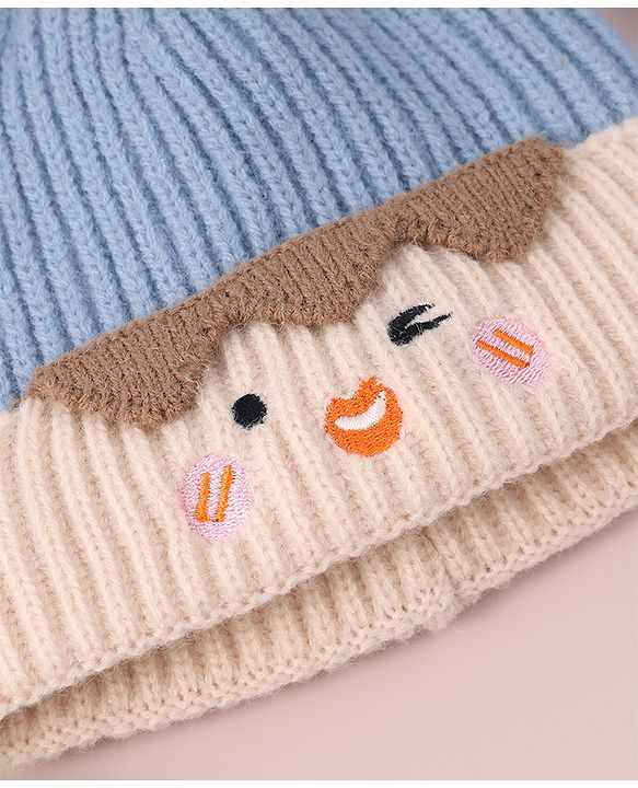 Babyhug Cable Knitted Woollen Cap with Pom Pom - Blue