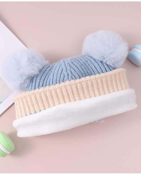 Babyhug Cable Knitted Woollen Cap with Pom Pom - Blue