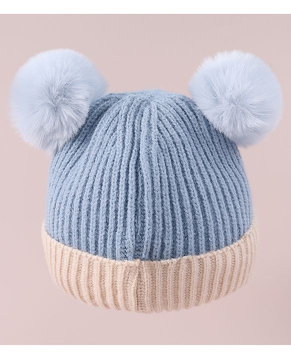 Babyhug Cable Knitted Woollen Cap with Pom Pom - Blue
