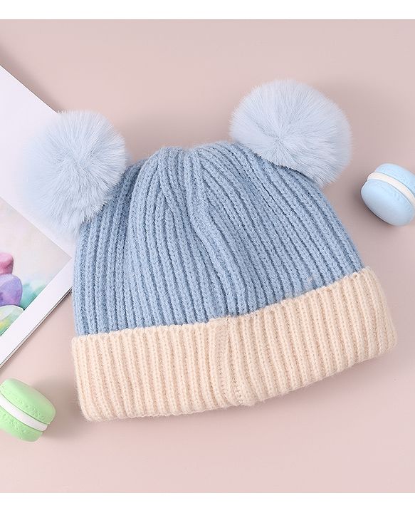 Babyhug Cable Knitted Woollen Cap with Pom Pom - Blue