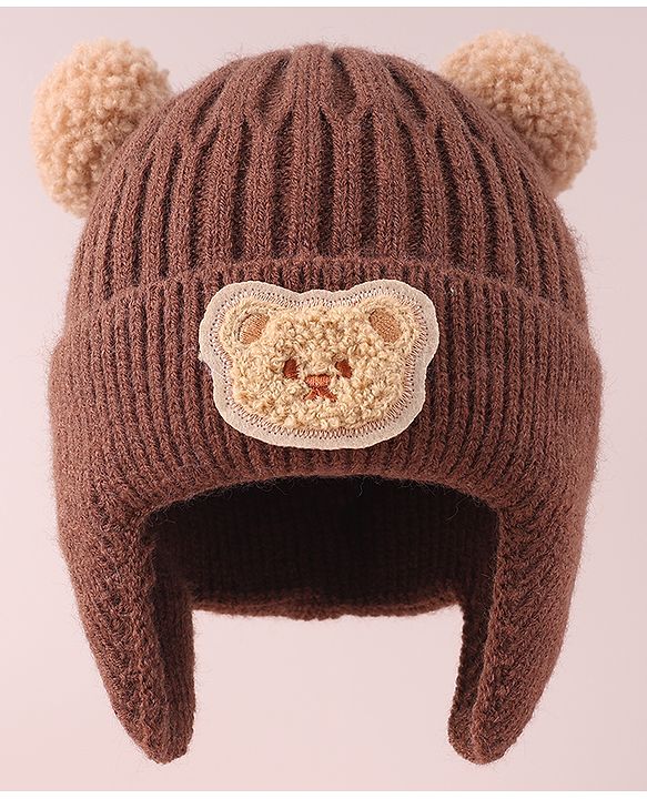 Babyhug Cable Knitted Pom Pom Woollen Cap with Teddy Bear Applique - Brown