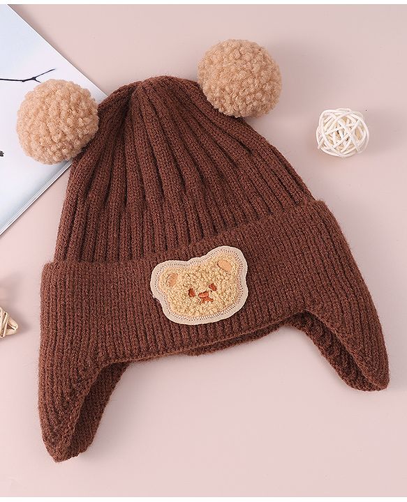 Babyhug Cable Knitted Pom Pom Woollen Cap with Teddy Bear Applique - Brown