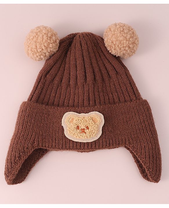 Babyhug Cable Knitted Pom Pom Woollen Cap with Teddy Bear Applique - Brown