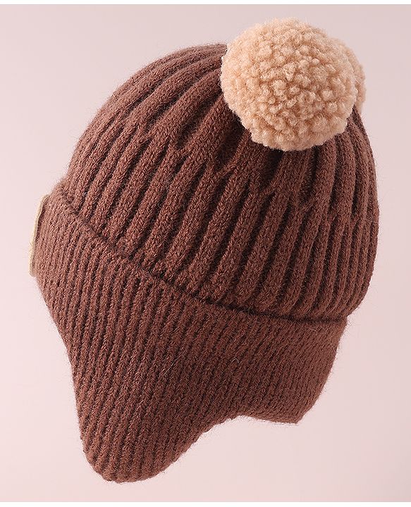 Babyhug Cable Knitted Pom Pom Woollen Cap with Teddy Bear Applique - Brown