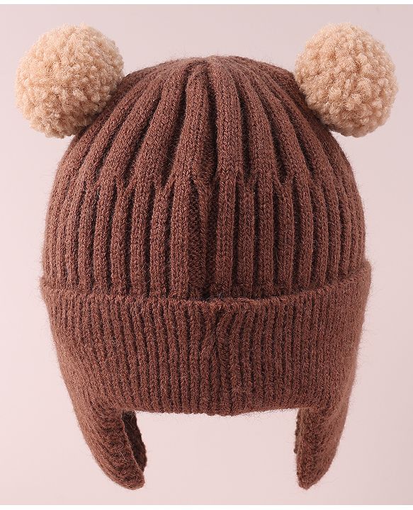 Babyhug Cable Knitted Pom Pom Woollen Cap with Teddy Bear Applique - Brown
