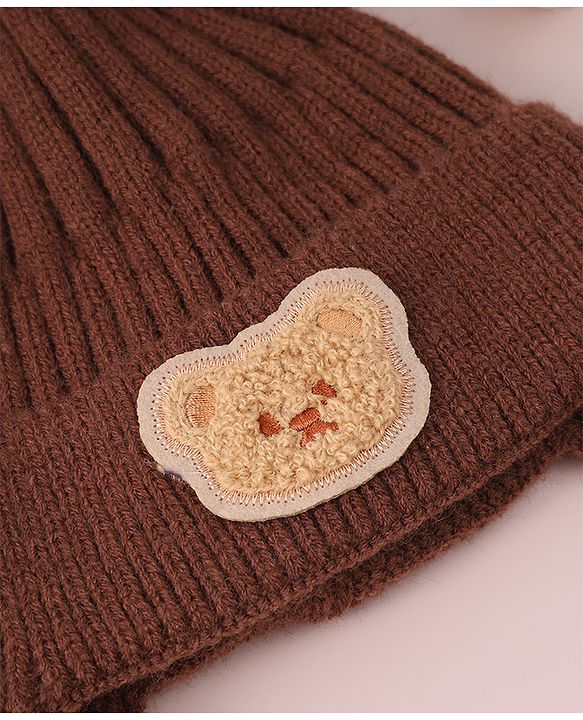 Babyhug Cable Knitted Pom Pom Woollen Cap with Teddy Bear Applique - Brown