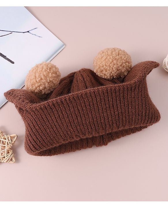 Babyhug Cable Knitted Pom Pom Woollen Cap with Teddy Bear Applique - Brown