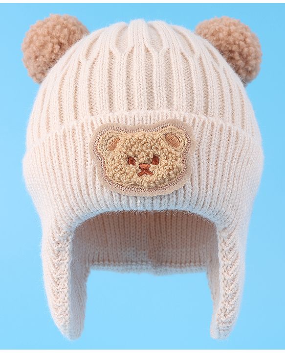 Babyhug Cable Knitted Pom Pom Woollen Cap with Teddy Bear Applique - Beige