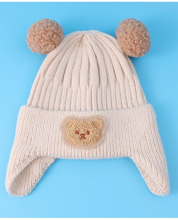 Babyhug Cable Knitted Pom Pom Woollen Cap with Teddy Bear Applique - Beige