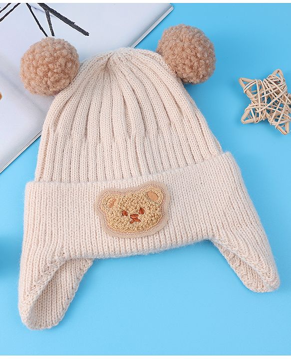 Babyhug Cable Knitted Pom Pom Woollen Cap with Teddy Bear Applique - Beige