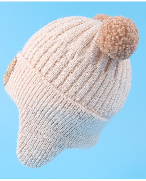 Babyhug Cable Knitted Pom Pom Woollen Cap with Teddy Bear Applique - Beige