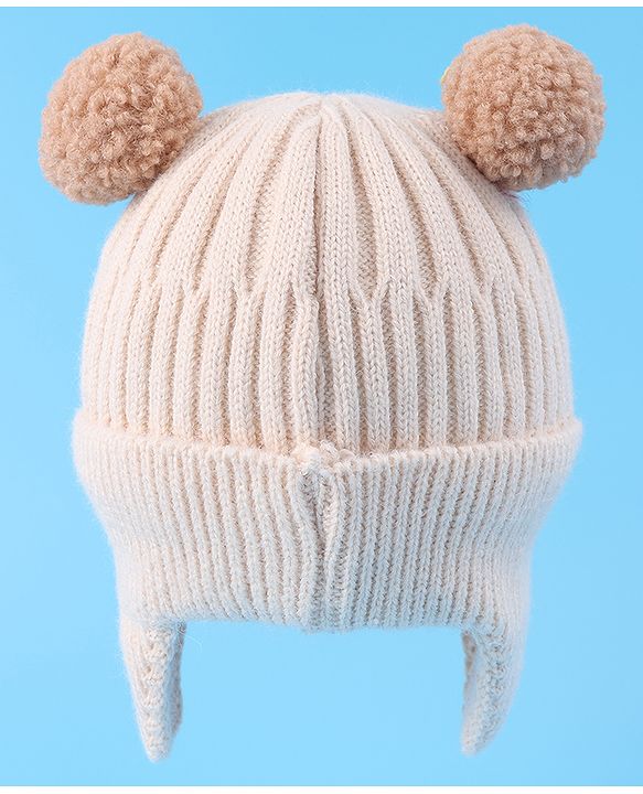 Babyhug Cable Knitted Pom Pom Woollen Cap with Teddy Bear Applique - Beige
