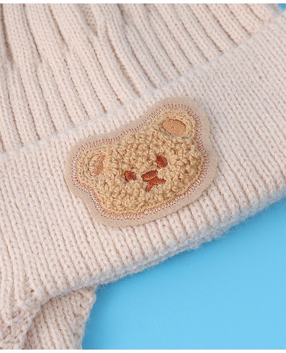 Babyhug Cable Knitted Pom Pom Woollen Cap with Teddy Bear Applique - Beige