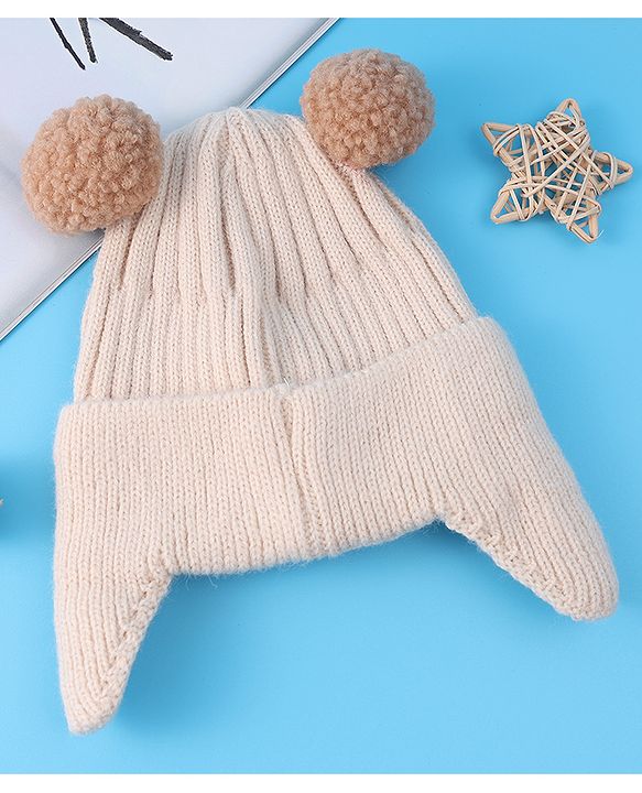 Babyhug Cable Knitted Pom Pom Woollen Cap with Teddy Bear Applique - Beige