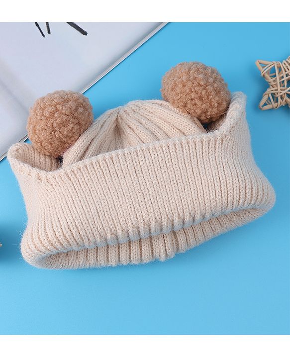 Babyhug Cable Knitted Pom Pom Woollen Cap with Teddy Bear Applique - Beige