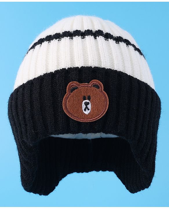 Babyhug Cable Knitted Woollen Cap with Teddy Bear Applique - Black