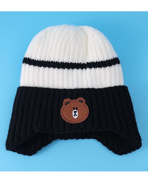 Babyhug Cable Knitted Woollen Cap with Teddy Bear Applique - Black