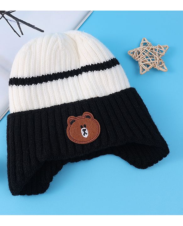Babyhug Cable Knitted Woollen Cap with Teddy Bear Applique - Black