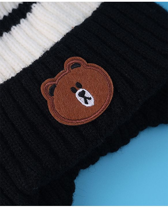 Babyhug Cable Knitted Woollen Cap with Teddy Bear Applique - Black