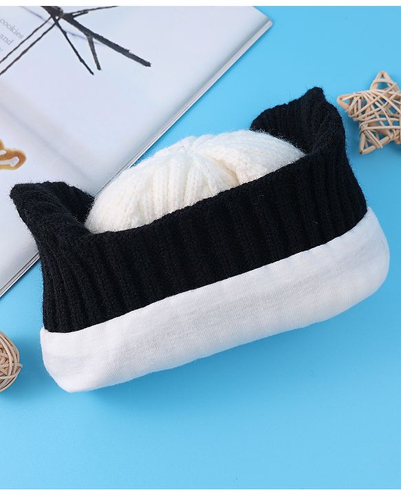 Babyhug Cable Knitted Woollen Cap with Teddy Bear Applique - Black