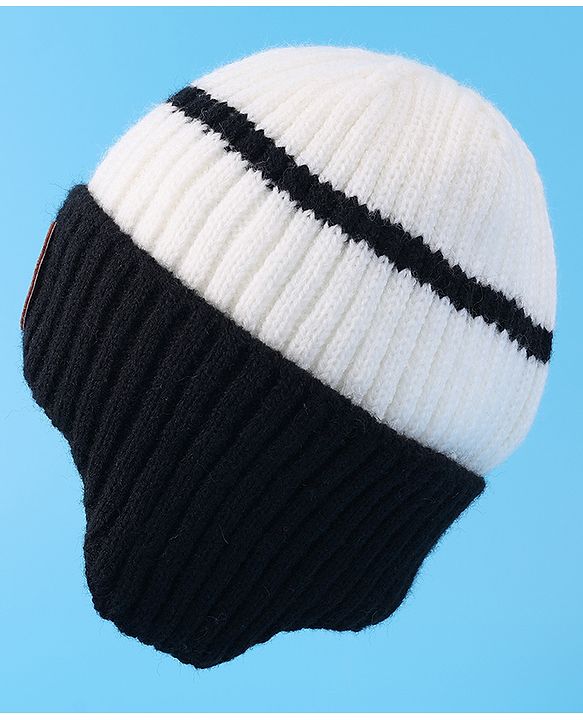 Babyhug Cable Knitted Woollen Cap with Teddy Bear Applique - Black