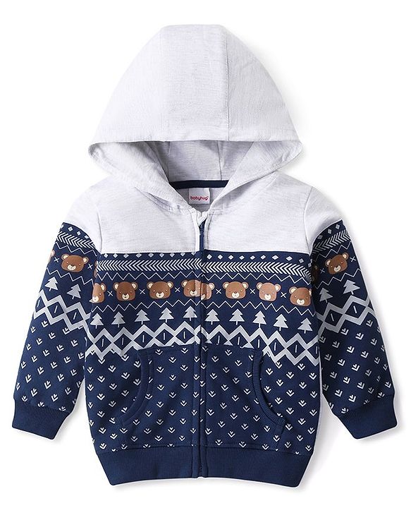 Babyhug Cotton Knit Full Sleeves Front Open Sweat Jacket with Hood Zipper & Teddy Print - Multicolour