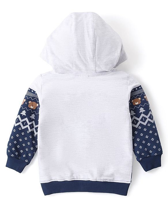 Babyhug Cotton Knit Full Sleeves Front Open Sweat Jacket with Hood Zipper & Teddy Print - Multicolour
