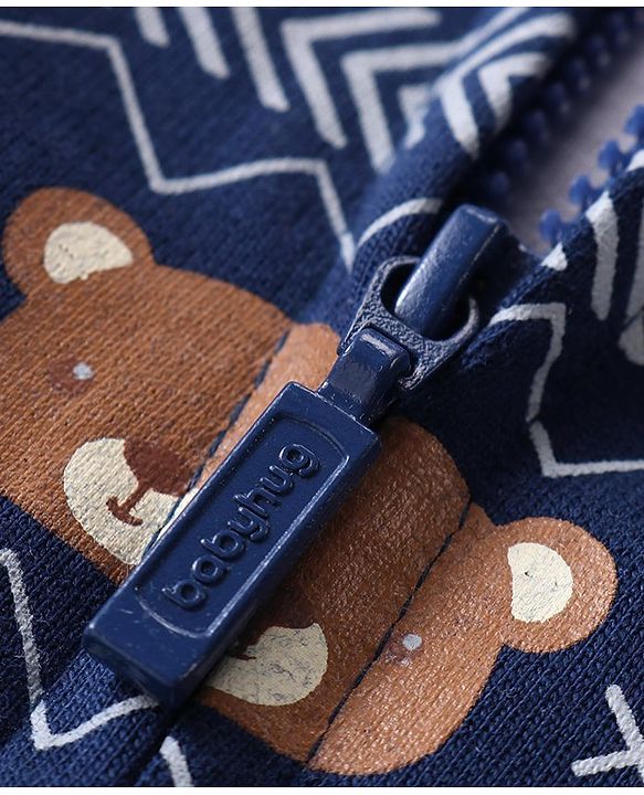 Babyhug Cotton Knit Full Sleeves Front Open Sweat Jacket with Hood Zipper & Teddy Print - Multicolour