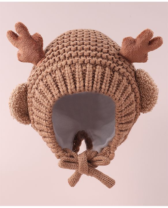 Babyhug Cable Knitted Woollen Cap with Knot & Reindeer Applique - Khaki