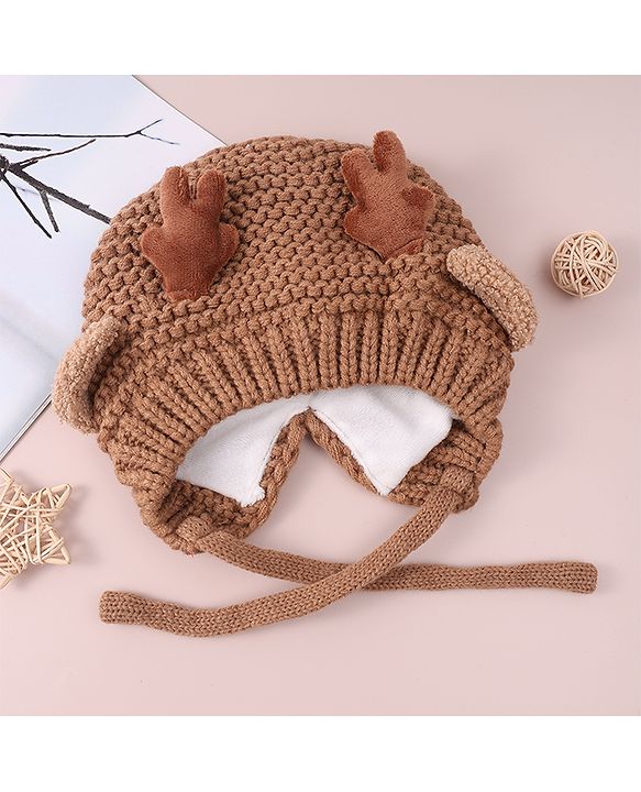 Babyhug Cable Knitted Woollen Cap with Knot & Reindeer Applique - Khaki