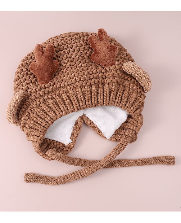 Babyhug Cable Knitted Woollen Cap with Knot & Reindeer Applique - Khaki