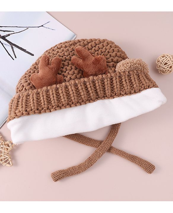Babyhug Cable Knitted Woollen Cap with Knot & Reindeer Applique - Khaki