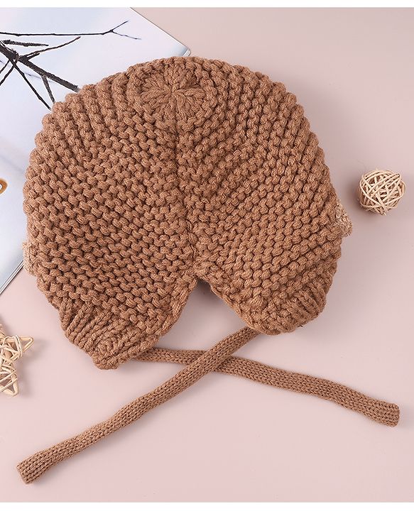 Babyhug Cable Knitted Woollen Cap with Knot & Reindeer Applique - Khaki