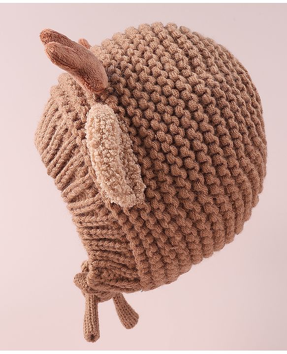 Babyhug Cable Knitted Woollen Cap with Knot & Reindeer Applique - Khaki