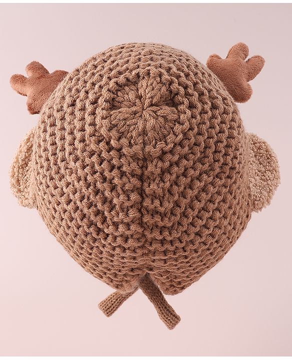 Babyhug Cable Knitted Woollen Cap with Knot & Reindeer Applique - Khaki