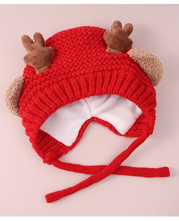 Babyhug Cable Knitted Woollen Cap with Knot & Reindeer Applique - Red