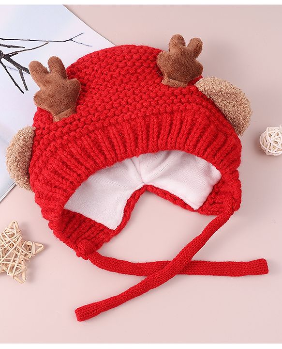 Babyhug Cable Knitted Woollen Cap with Knot & Reindeer Applique - Red