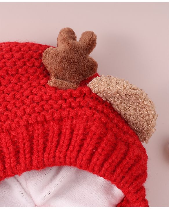 Babyhug Cable Knitted Woollen Cap with Knot & Reindeer Applique - Red