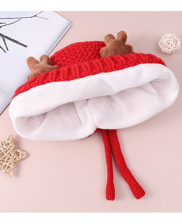 Babyhug Cable Knitted Woollen Cap with Knot & Reindeer Applique - Red