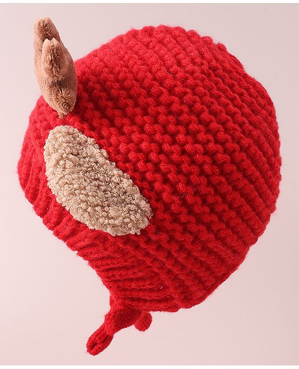 Babyhug Cable Knitted Woollen Cap with Knot & Reindeer Applique - Red