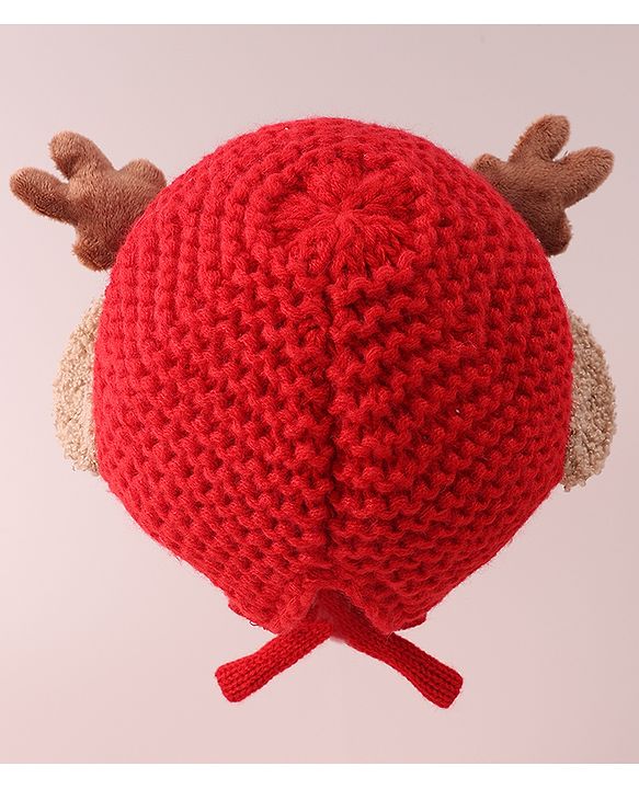 Babyhug Cable Knitted Woollen Cap with Knot & Reindeer Applique - Red